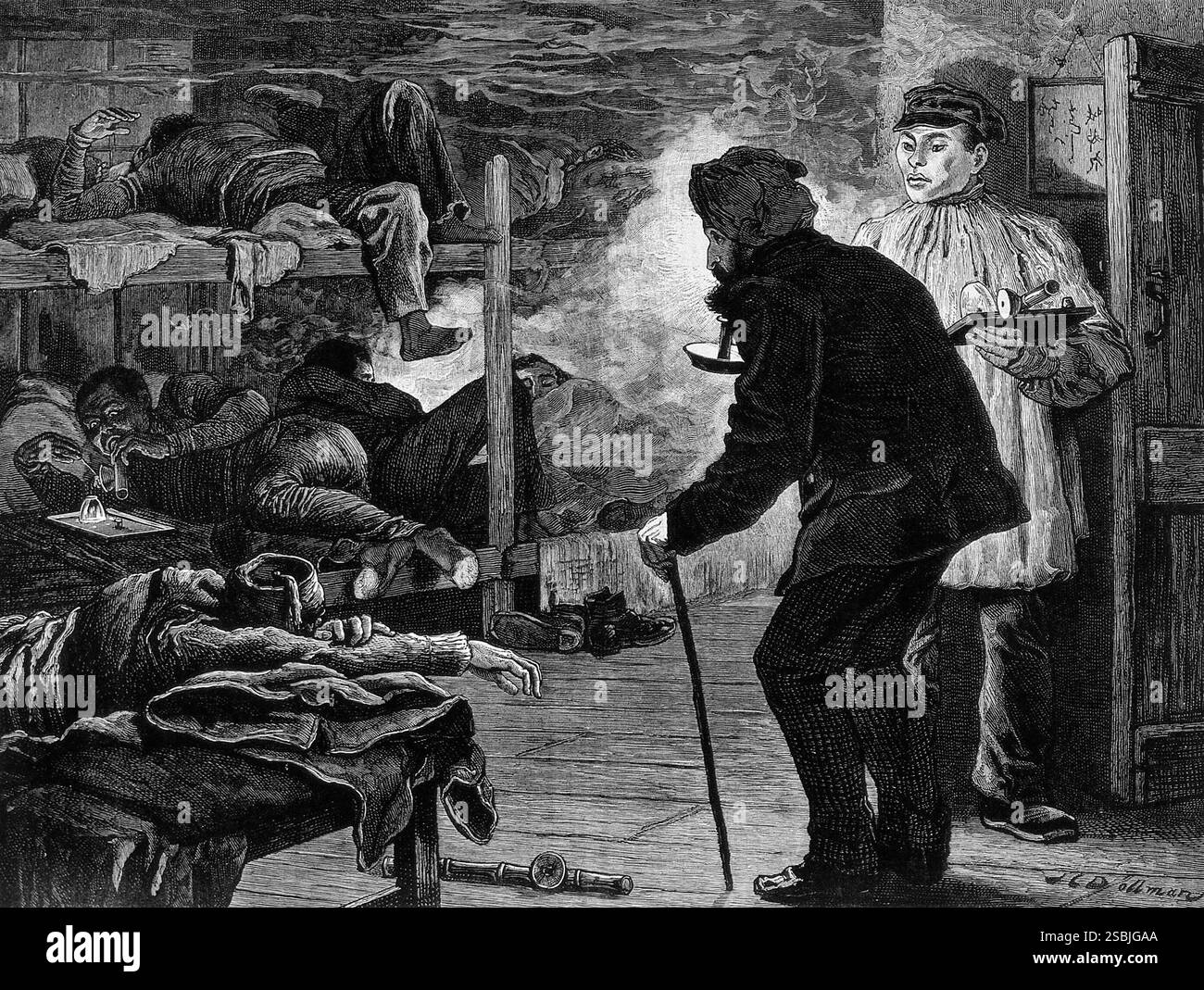 Eine Opiumgrube im Londoner East End, in der Männer auf Holzbetten liegen, während ein Raucher hereinkommt. Holzstich, um 1880, nach J. C. Dollman. Stockfoto