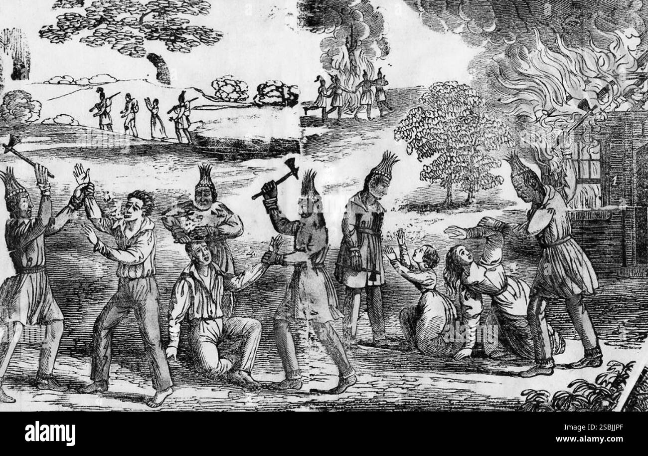 Frontispiece (Detail) zu Authentic Narrative of the Seminole war von Mary Godfrey, veröffentlicht 1836. Illustration: Seminolen-Indianer töten Weiße. Stockfoto