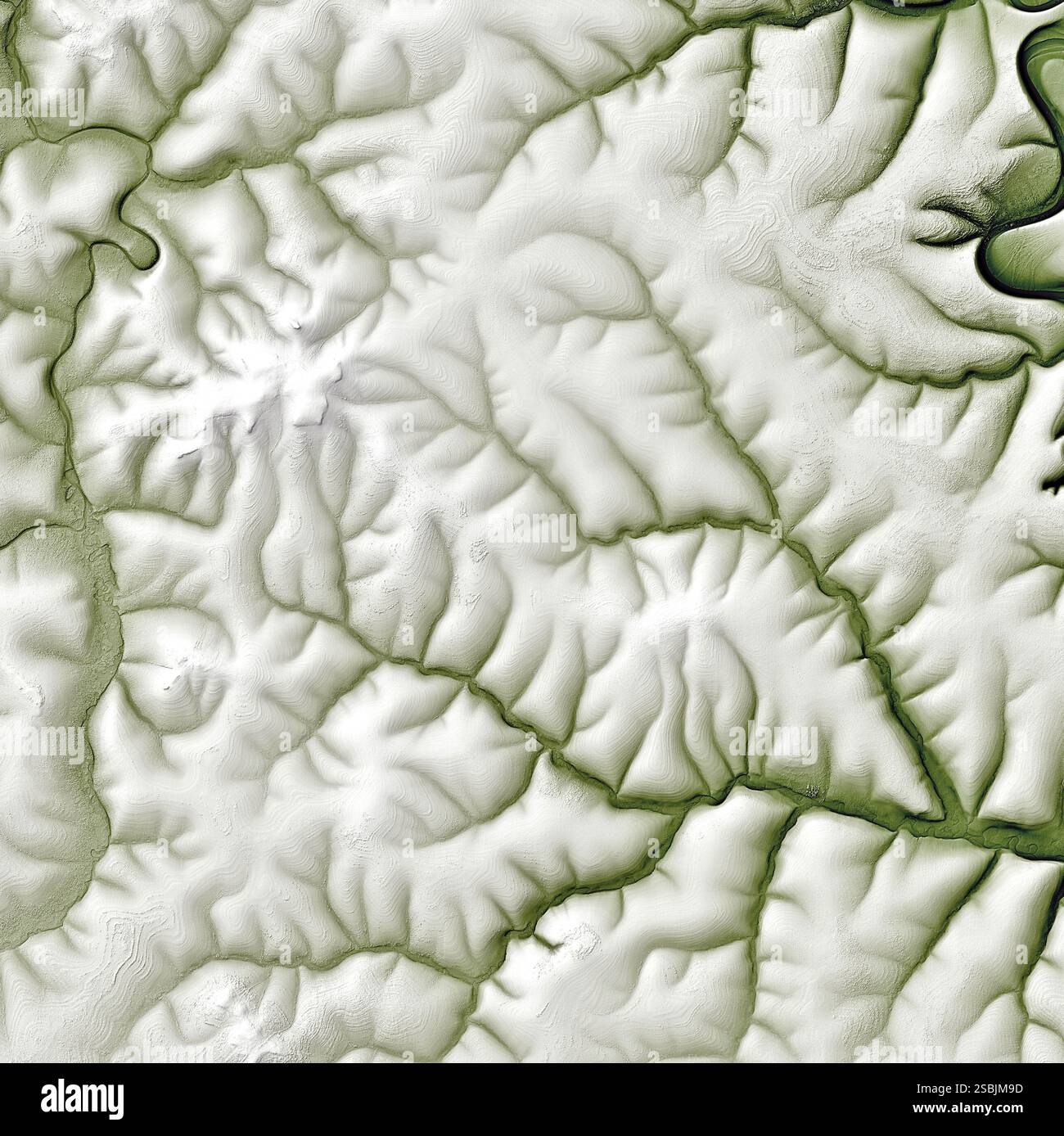 Arktische digitale Höhenkarte eines Gebiets des nördlichen Zentralsibirischen Plateaus in Russland im Winter. Diese Region liegt innerhalb des Polarkreises, wo die Lufttemperaturen den größten Teil des Jahres unter dem Gefrierpunkt bleiben. Die Landschaft ist mit Permafrost bedeckt, der sich zehn bis Hunderte von Metern unter der Oberfläche erstrecken kann. Jahreszeitliche Zyklen des Einfrierens und Auftauens können Polygone, Kreise und andere Arten von „gemustertem Boden“ erzeugen. Bild aufgenommen 2018. Stockfoto