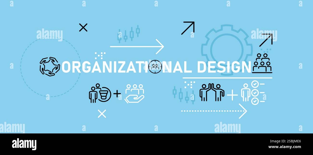 Organisationsdesign Konzeptarbeit Organisation Teamwork Beziehung Job Netzwerkverbindung Entwicklungshierarchie Leistungsgruppe Personengruppe Stock Vektor