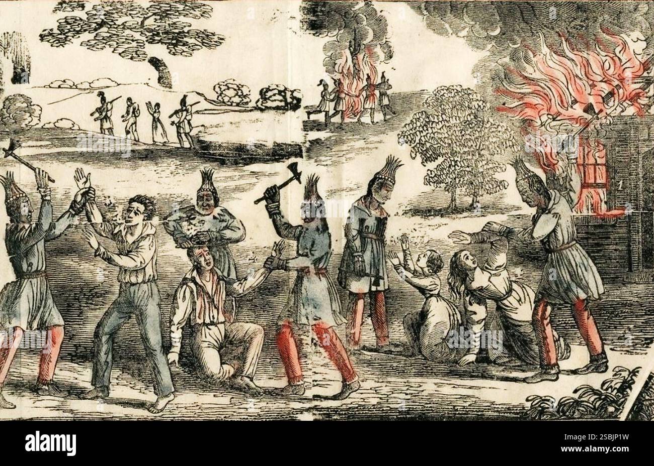 Frontispiece (Detail) zu Authentic Narrative of the Seminole war von Mary Godfrey, veröffentlicht 1836. Illustration: Seminolen-Indianer töten Weiße. Stockfoto
