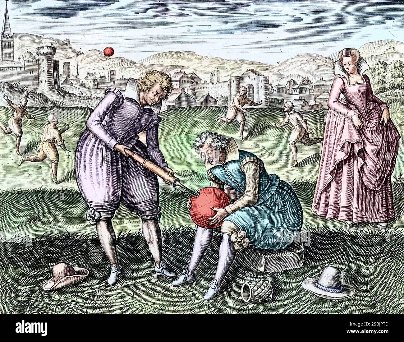 Einer von einer Serie populärer Drucke, die Jan van Haelbeck um 1615 unter dem Titel „Enigme joyeuse pour les bons esprits“ (amüsante Rätsel für gute Geister) graviert hat. Die Bilder, die an Universitätsstudenten vermarktet wurden, illustrierten Gedichte in französischer Sprache, die voller unanständiger Doppelentendres waren. Hier bläst ein Mann einen Ball für das Spiel auf, das die Leute im Hintergrund spielen. Farbig. Stockfoto