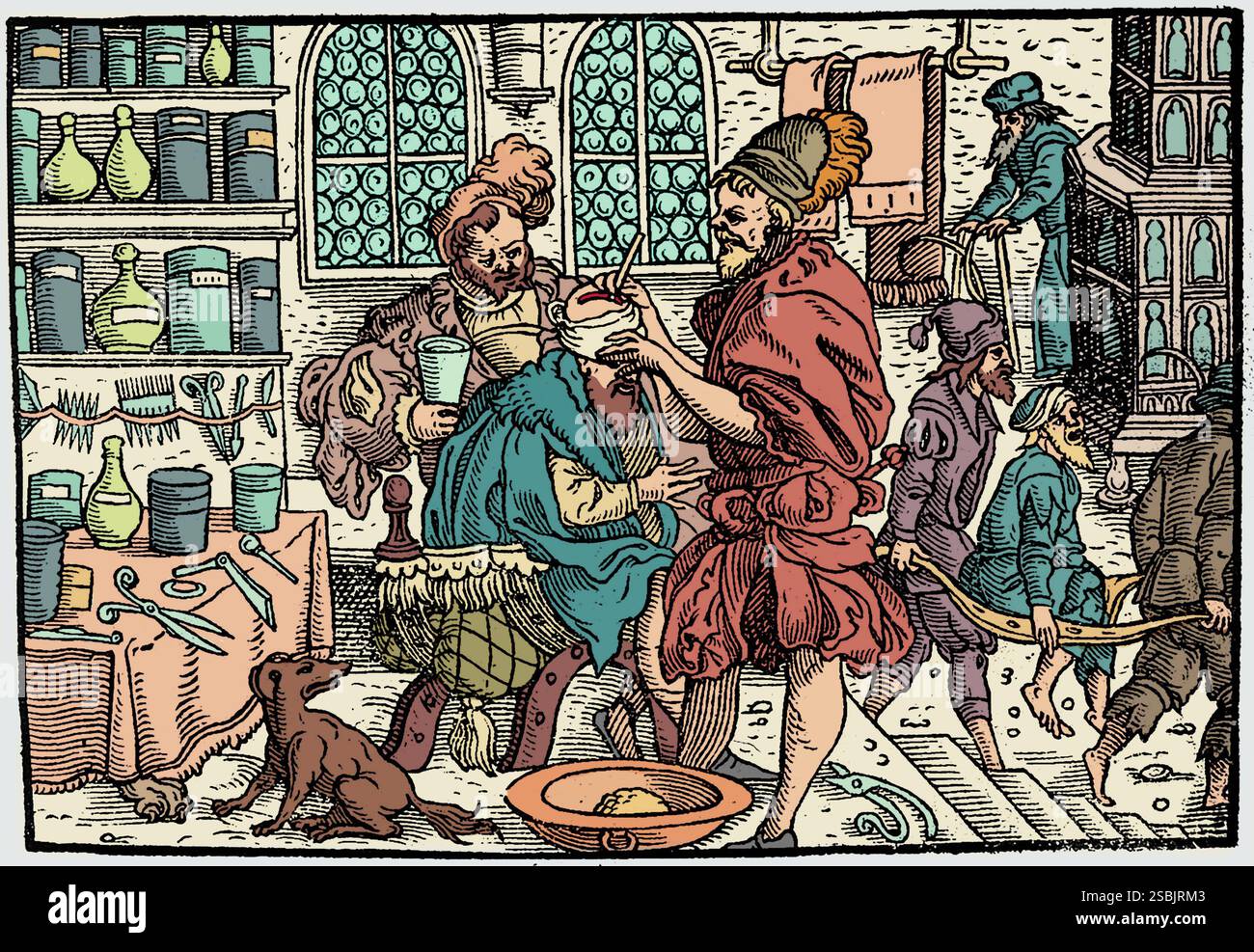 Paracelsus operiert am Kopf eines Mannes. Paracelsus (1493-1541), geboren Theophrastus von Hohenheim, war Schweizer Arzt, Alchemist, Laientheologe und Philosoph der deutschen Renaissance, bekannt als Vater der Toxikologie. Von der ander Theyl der Grossen, ca. 1560s. Gefärbt. Stockfoto