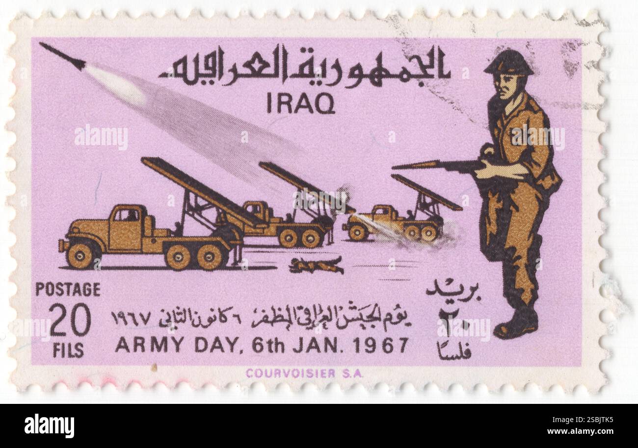 IRAK - 6. Januar 1967: 20 Fils hellviolett, dunkelbrauner und tiefer Bister-Briefstempel mit Raketenbatterien auf LKW und Soldat (Infanterie). Gedenktag Der Armee. Die Streitkräfte des Irak wurden Anfang der 1920er Jahre gebildet Sechs Militärputsche wurden von der Armee zwischen 1936 und 1941 aufgestellt. Sie wurden erstmals im Anglo-Irakkrieg von 1941 gekämpft. Sie kämpften gegen Israel im arabisch-israelischen Krieg 1948, im Sechstagekrieg 1967 und im Jom-Kippur-Krieg 1973. Zwei Kriege gegen die Kurden wurden 1961-1970 und 1974–1975 geführt Stockfoto