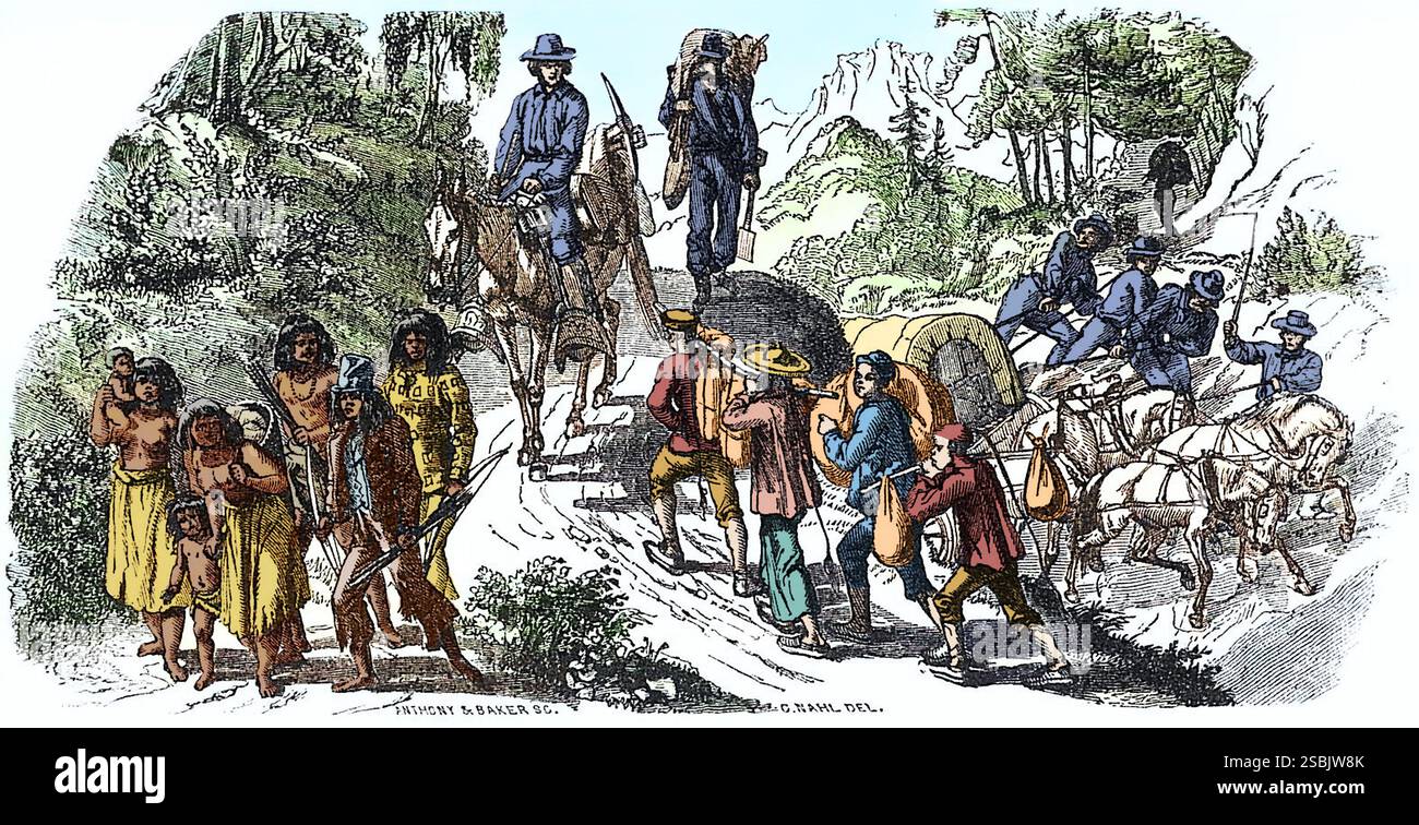 Goldgräber aus dem 19. Jahrhundert, die zum Goldrausch in Kalifornien, um 1850, unterwegs sind. Auf der linken Seite kann man eine Gruppe indianischer Ureinwohner und auf der rechten Seite eine Gruppe chinesischer Einwanderer sehen. Stahlstich des deutschen Immigranten und erfolglosen Goldgräbers Charles Christian Nahl (1818-1878). Farbig. Stockfoto