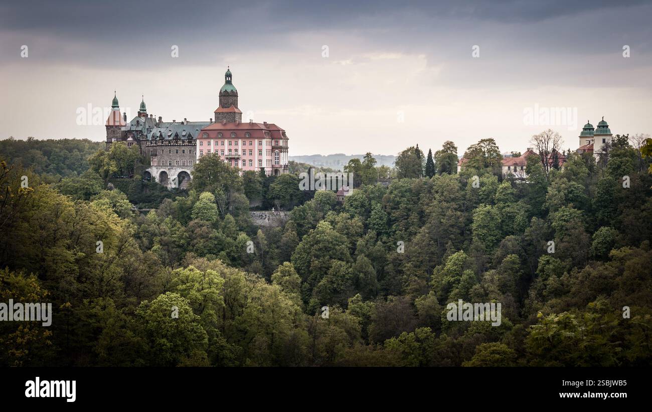 Historisches Schloss auf einem Hügel, umgeben von Wald. Książ Burg Wałbrzych. Stockfoto