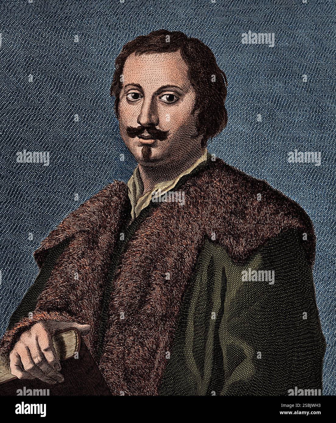 Evangelista Torricelli (1608–1647) war ein italienischer Physiker und Mathematiker und Student von Galileo. Er ist vor allem für seine Erfindung des Barometers bekannt, ist aber auch für seine Fortschritte in der Optik und die Arbeit an der Methode der Unteilbaren bekannt. Strichstich von F. Allegrini, 1760. Farbig. Stockfoto