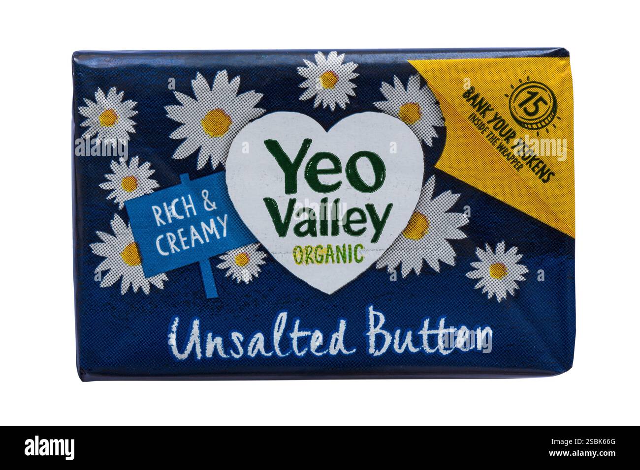 Yeo Valley Bio ungesalzene Butter reichhaltig und cremig isoliert auf weißem Hintergrund Stockfoto