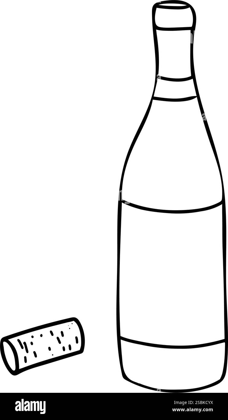Weinflasche mit Kork im Doodle-Stil. Handgezeichnete Vektorillustration isoliert auf weißem Hintergrund. Strichgrafik. Für Menü-, Logo-, Karten- oder Posterdesign Stock Vektor