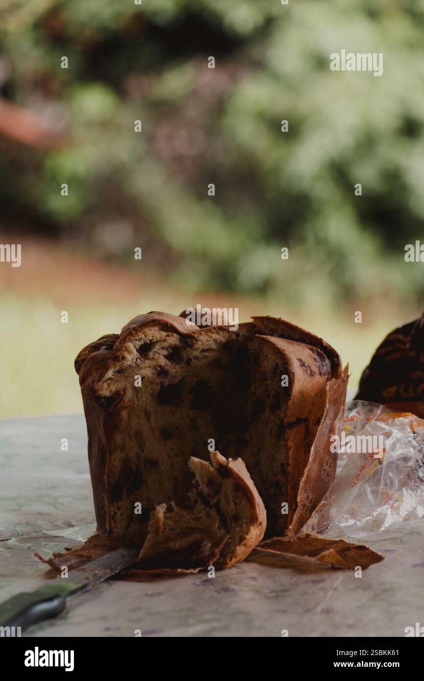 Panettone in rustikaler Umgebung gebacken Stockfoto