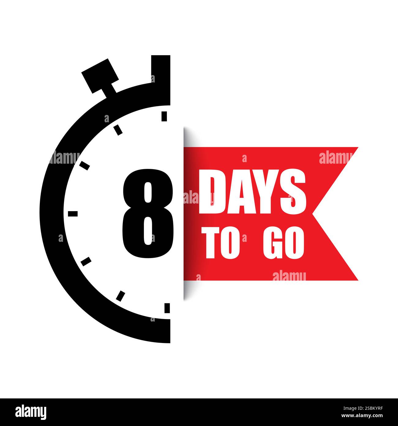 Abbildung des Countdown-Timers. Fokus Nummer acht. Text für 8 TAGE ZUM MITNEHMEN in Fettdruck. Roter Bannerakzent. Stock Vektor