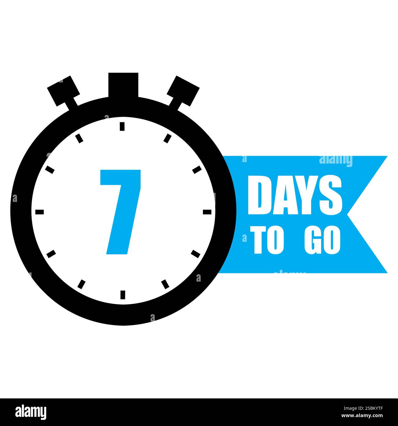 Abbildung des Countdown-Timers. Nummer sieben im Fokus. Text für 7 TAGE ZUM MITNEHMEN in Fettdruck. Blauer Bannerakzent. Stock Vektor