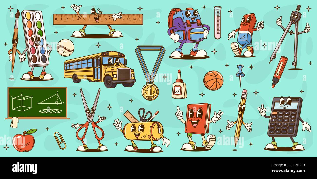Cartoon groovige Schulpädagogik und Schreibwaren Charaktere. Vektorsatz mit Lehrmaterial, Lernwerkzeugen und Artikeln, wie Buch, Rucksack, Lineal Stock Vektor