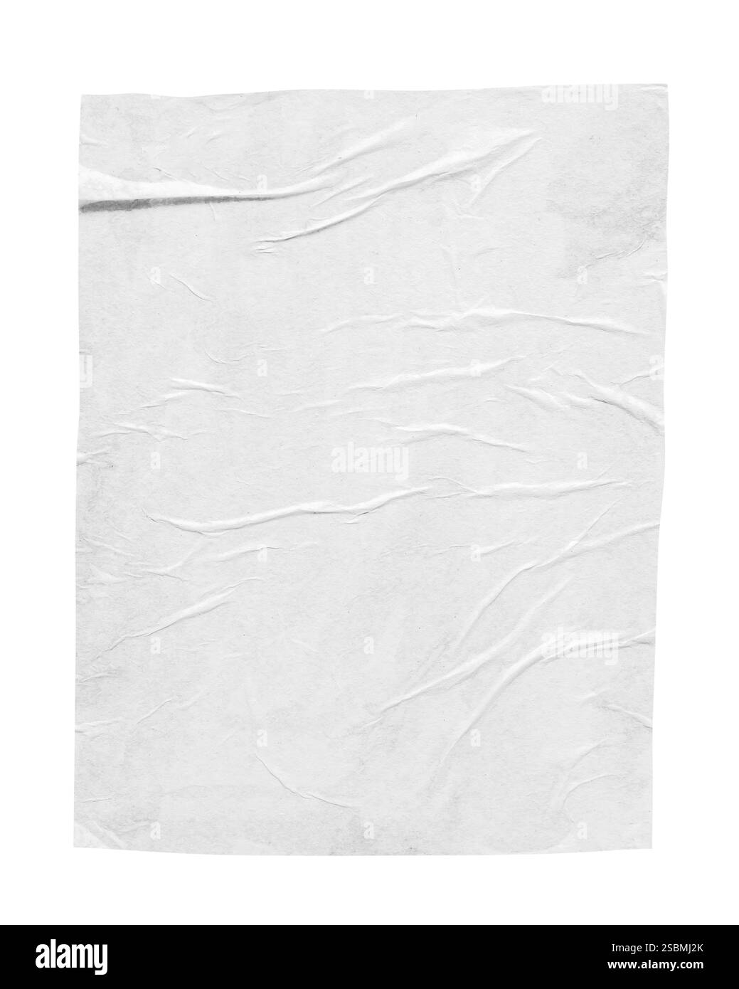 Leere weiße, zerknitterte und gefaltete Papierstruktur, isoliert auf weißem Hintergrund Stockfoto