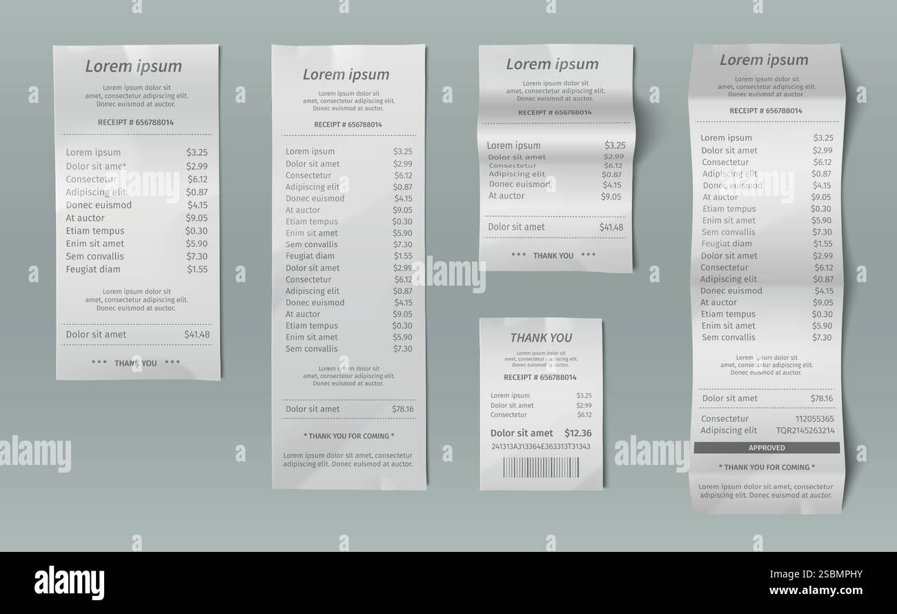Mustersammlung von Papierrechnungen in verschiedenen Formaten - kurzer Serviceschein, detaillierter Scheck mit Einzelposten, Zahlungsbestätigung mit Barcode, langes Kassenticket. Professionelle Vorlage mit Preisen Stock Vektor