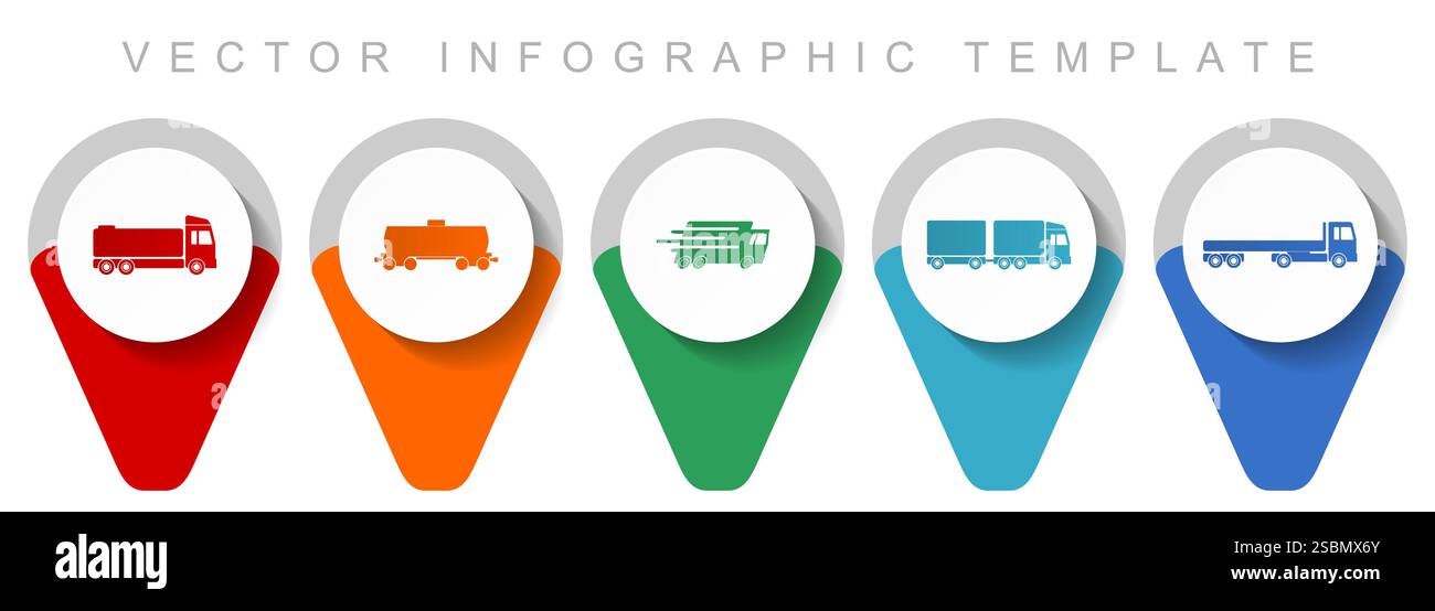 Transport Pointer Collection, verschiedene Symbole wie LKW, Zisterne, Wagen und Lieferung, Infografik-Vorlage für flache Vektoren in eps 10 Stock Vektor