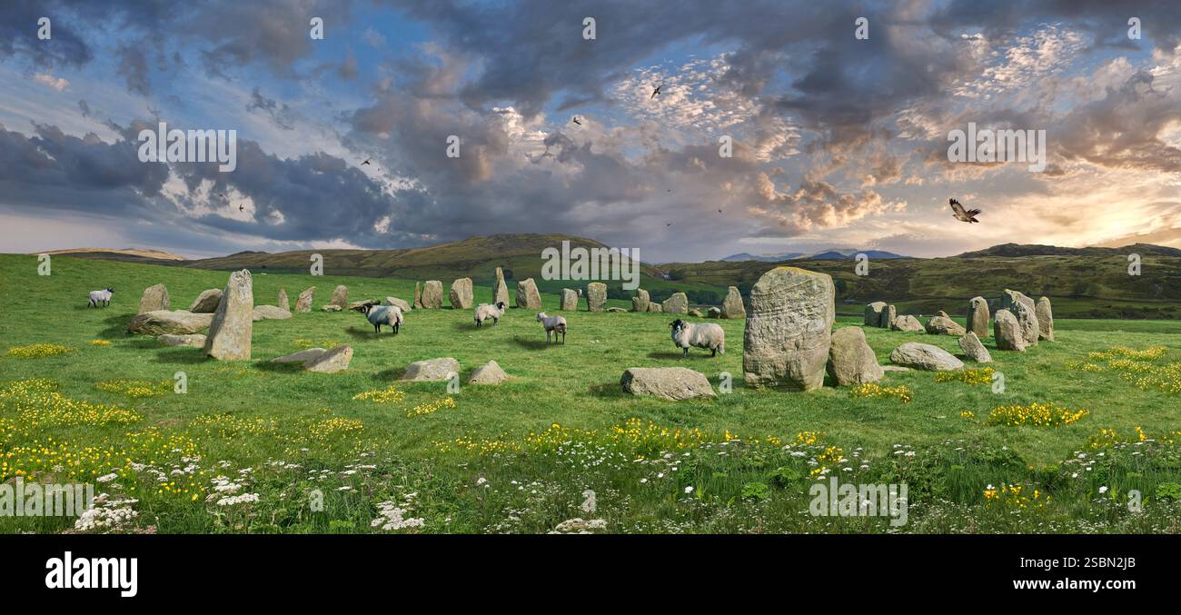 Swinside, Sunkenkirk oder Swineshead Steinkreis aus der Steinzeit auf Swinside Fell Cumbria im Nordwesten Englands. Stockfoto