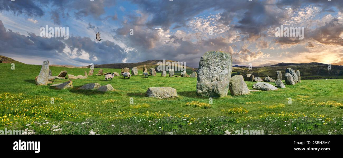 Swinside, Sunkenkirk oder Swineshead Steinkreis aus der Steinzeit auf Swinside Fell Cumbria im Nordwesten Englands. Stockfoto