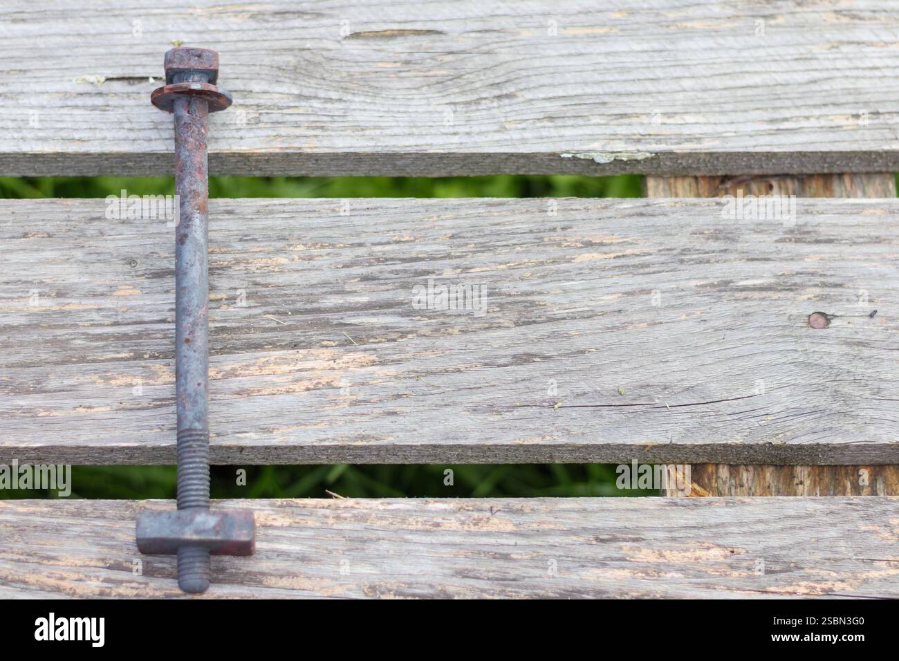 Eine lange Metallschraube mit Mutter und Unterlegscheibe auf einer Holzoberfläche. Stockfoto