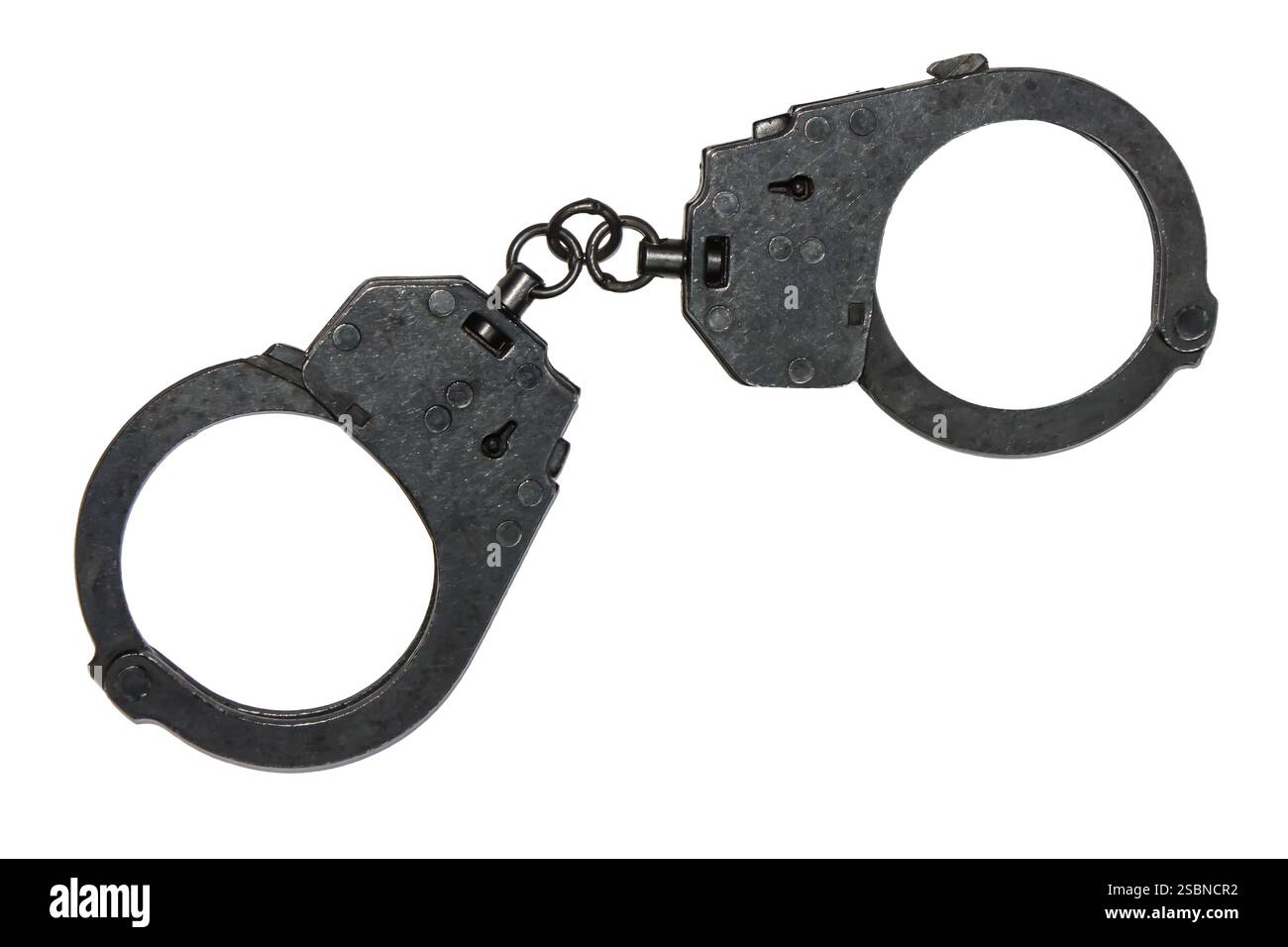 Polizei Handschellen auf weißem Hintergrund Stockfoto