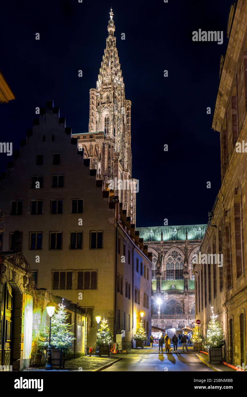Frankreich, Bas Rhin, Straßburg, Altstadt, die zum UNESCO-Weltkulturerbe gehört, Kathedrale Notre Dame, der achteckige Turm am Ende der Rue de Rohan Stockfoto