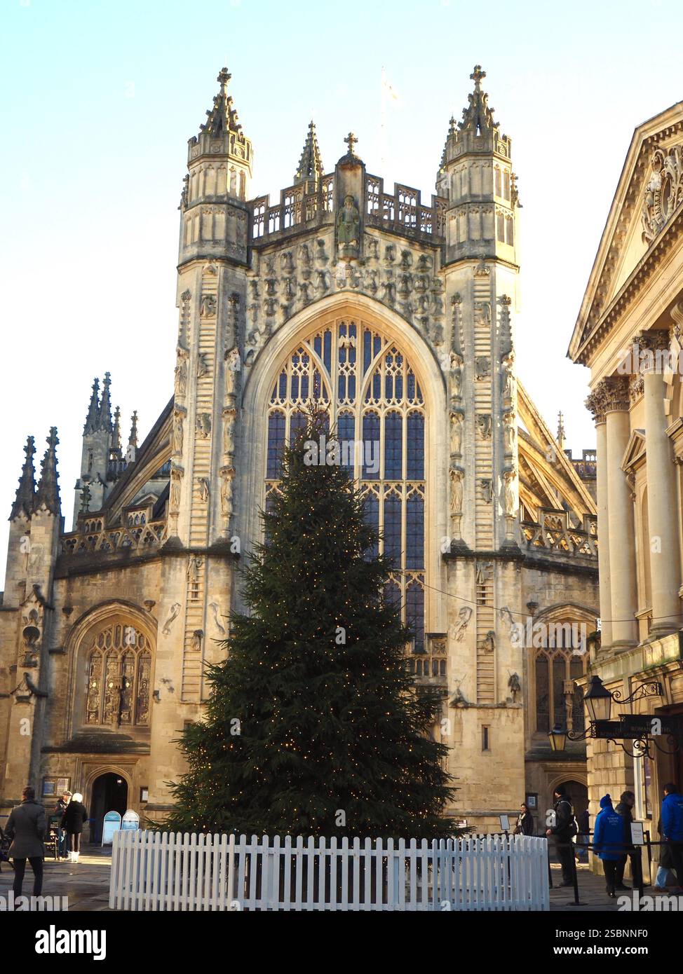 Bad Abbey zur Weihnachtszeit mit Weihnachtsbaum im Vordergrund. Bath, Somerset, Großbritannien Stockfoto