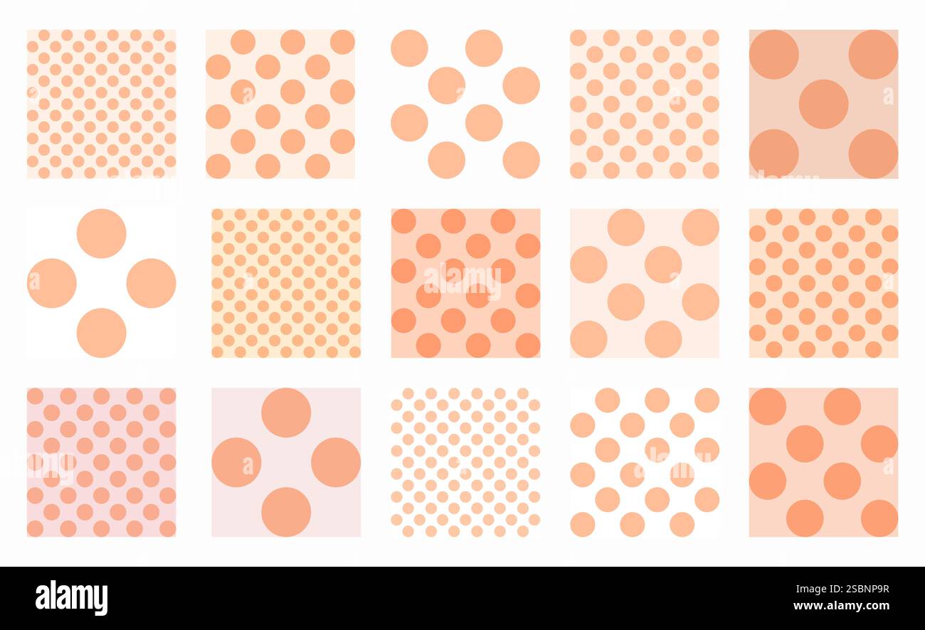 Set aus nahtlosen Punktmustern in Peach Fuzz-Tönen. Runde Formen, die in einem Raster angeordnet sind, sorgen für eine weiche, minimalistische Ästhetik. Design-ID des geometrischen Vektors Stock Vektor