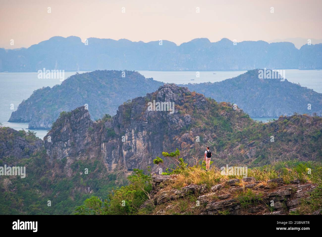 Vietnam, Provinz Haiphong, Insel Cat Ba, Panoramablick auf die Karstgipfel der Lan Ha Bay (UNESCO-Weltkulturerbe) Stockfoto
