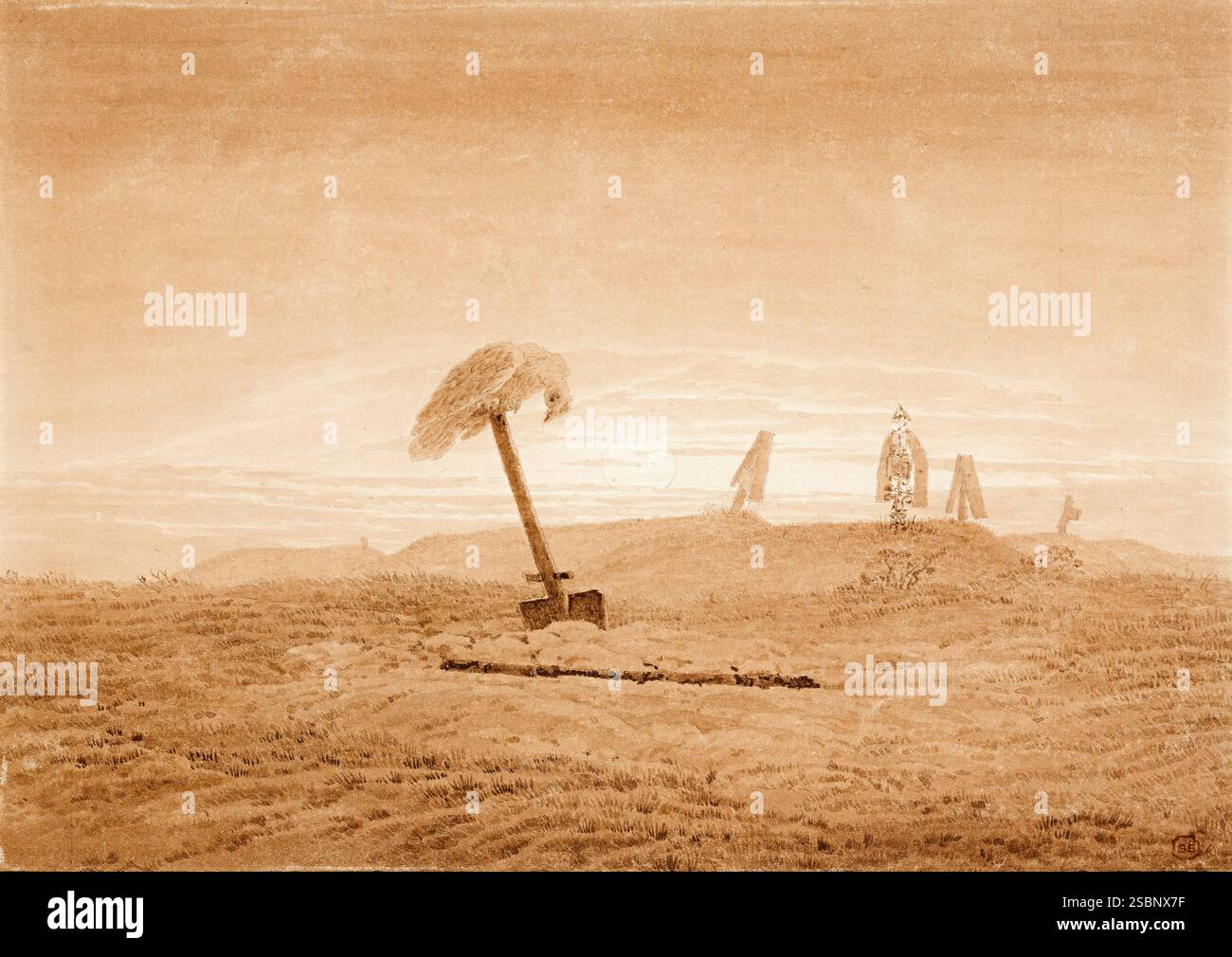 Caspar David Friedrich, Landschaft mit Gräbern, Zeichnung in Stift und Tinte mit Pinsel und Bleistift, 1822 Stockfoto