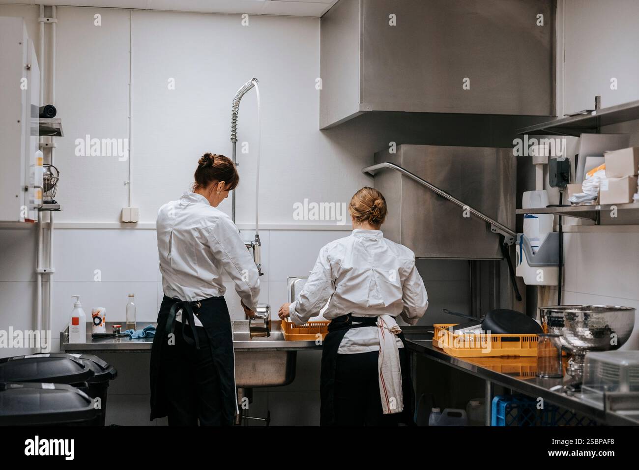 Rückansicht der weiblichen Köche, die in der Nähe des Waschbeckens in der Küche des Restaurants Geschirr waschen Stockfoto