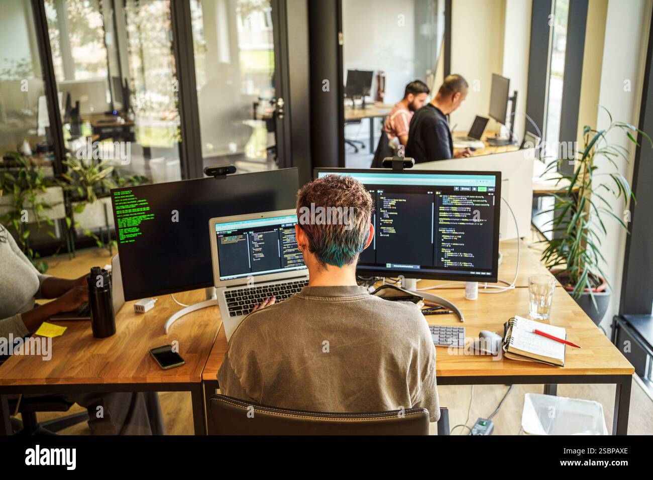 Hochwinkel-Rückansicht von nicht binären Programmierern, die im Büro an Desktop-PCs und Laptops arbeiten Stockfoto