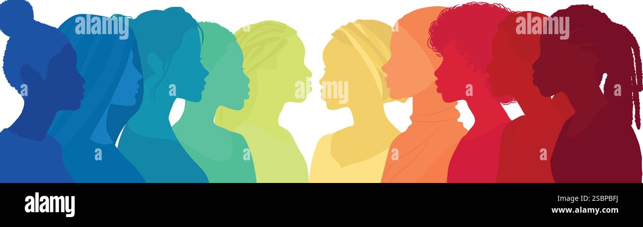 Kommunikationsgruppe multikultureller Frauen. Silhouettenprofil. Weibliche soziale Netzwerk-Gemeinschaft mit vielfältiger Kultur. Gleichstellung - Inklusion - Empowerment Stock Vektor