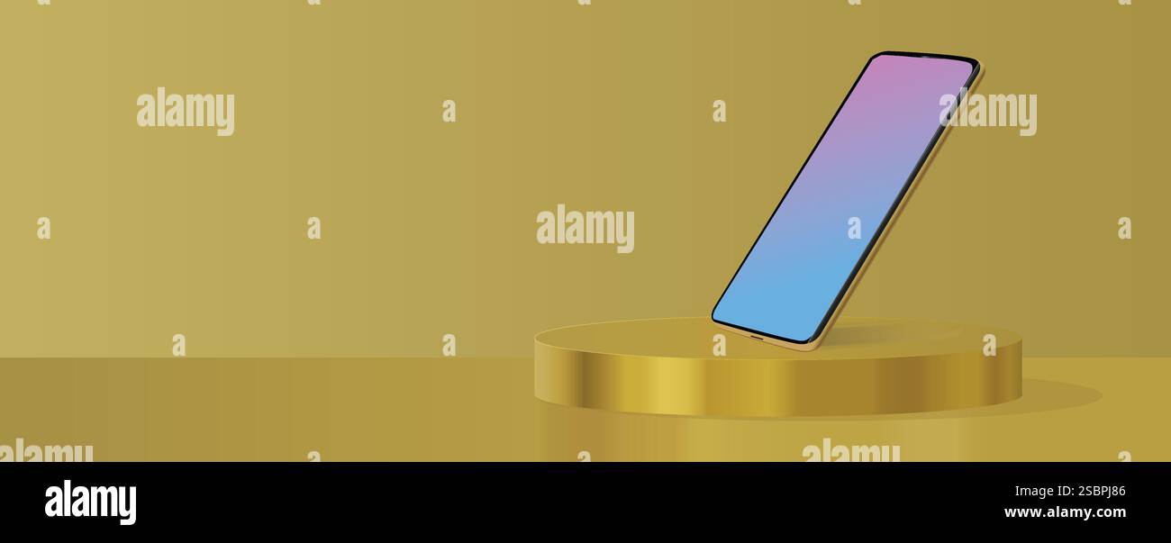Runde goldene Plattform mit Smartphone, Produktständer, Kopierraum, 3D-Vektorillustration Stock Vektor