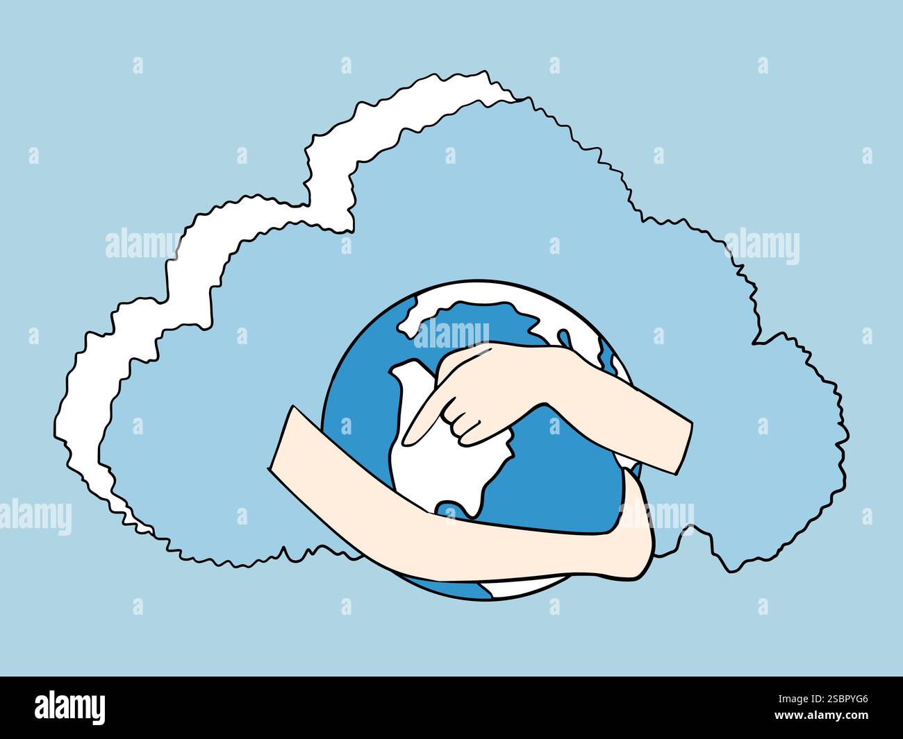 Wolkenspeicher halten den Planeten Erde in seinen Händen. Vektorabbildung. Stock Vektor