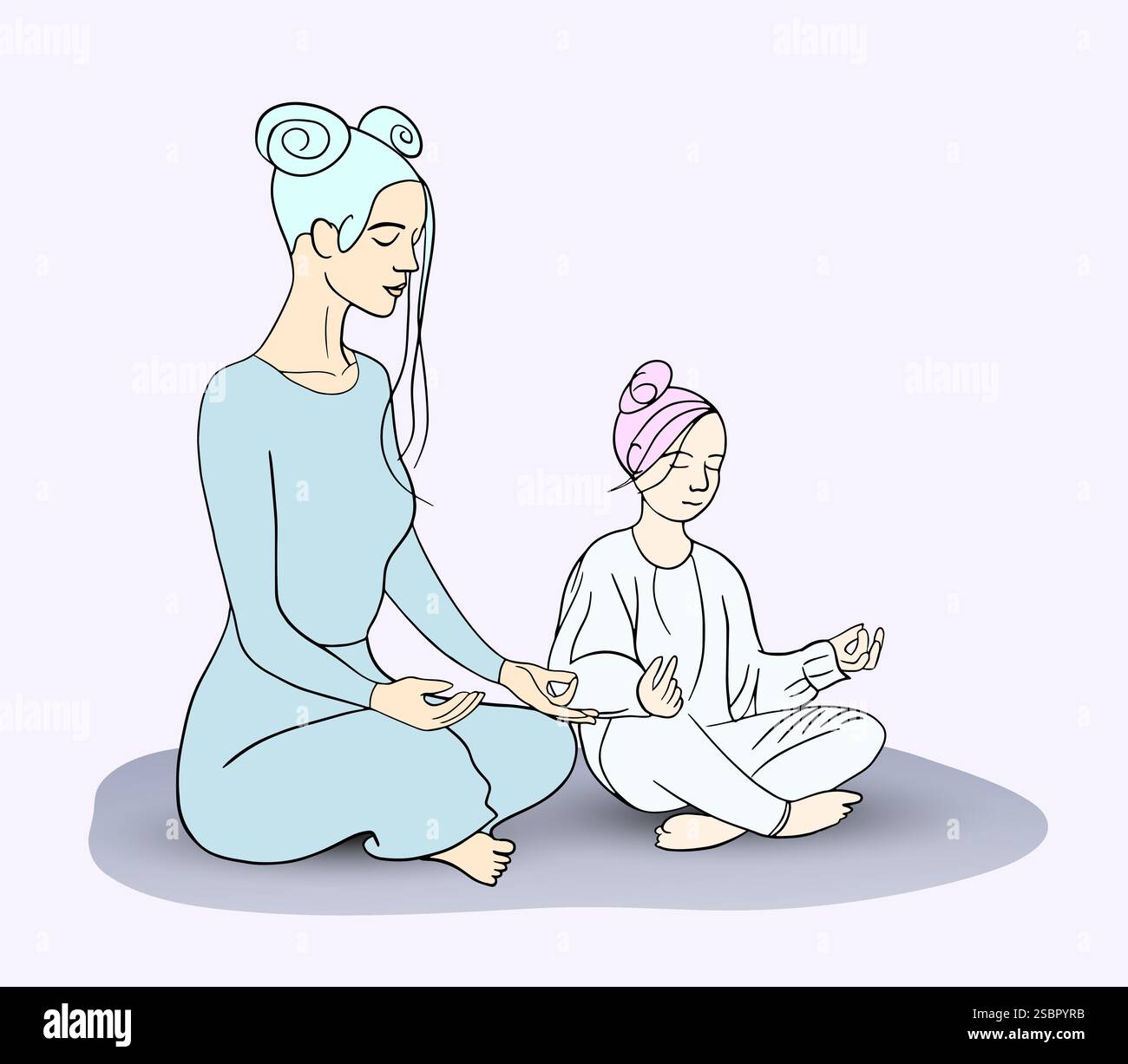 Teenager-Mädchen, das mit Mentor meditiert. Meditation, Lotusposition, Yoga Vektor-Illustration. Stock Vektor