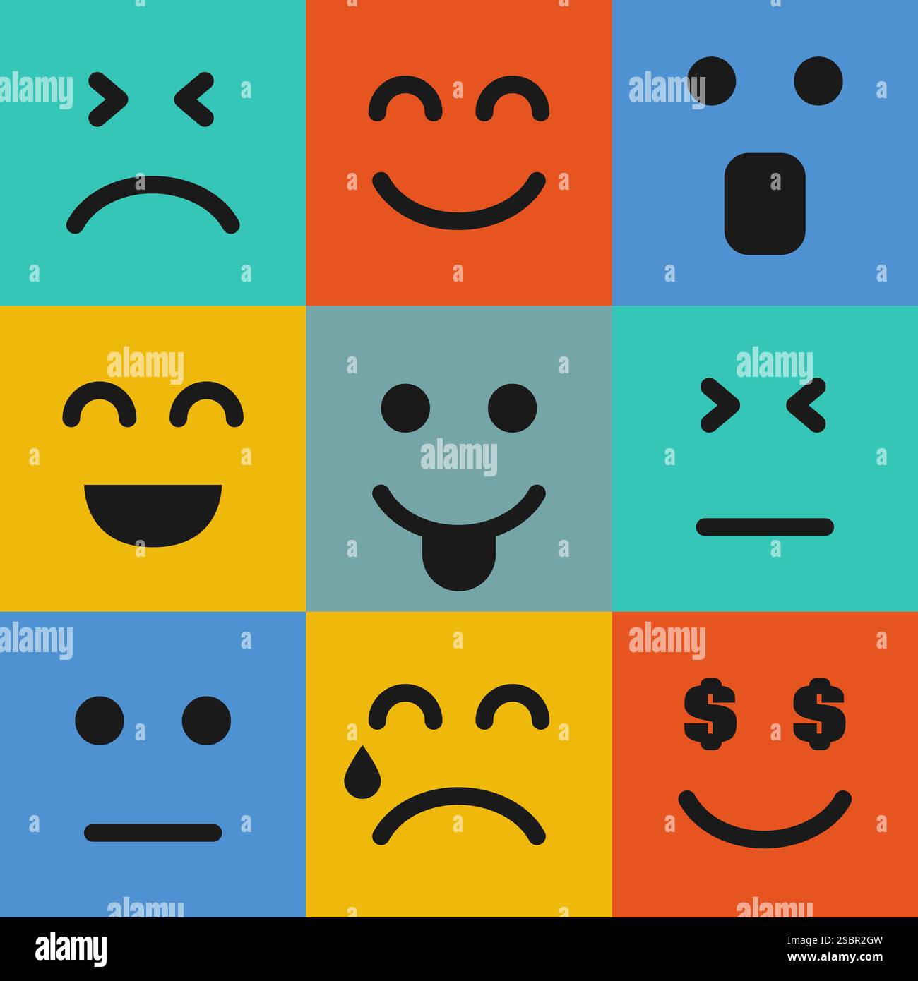 Set aus neun farbenfrohen Emoticons. Emoji-Symbol im Quadrat. Abgewickeltes Hintergrundmuster. Vektorabbildung Stock Vektor