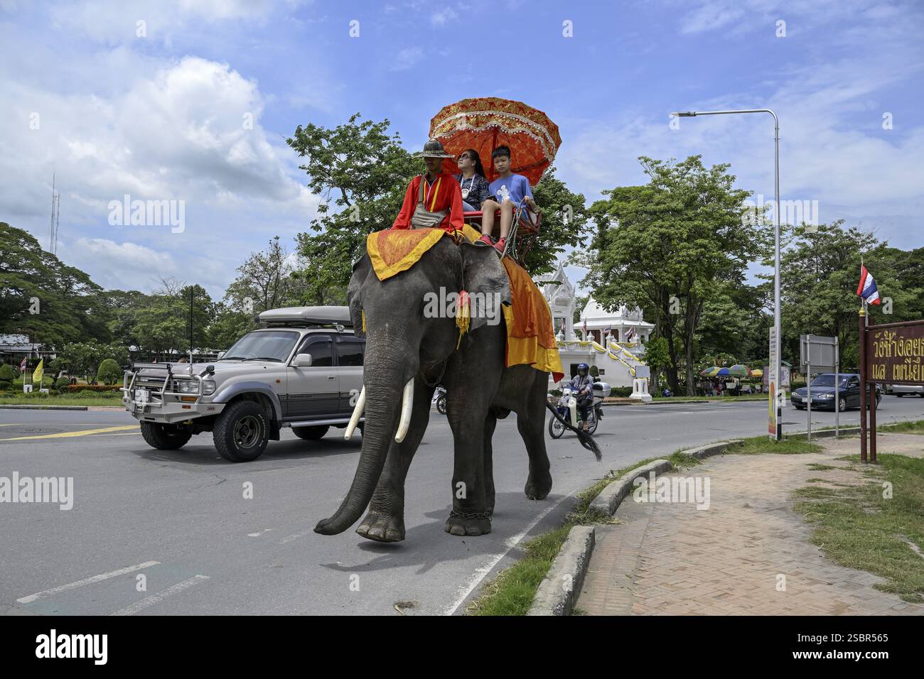 Touristen auf Elefantenreiten in der Nähe des Großen Palastes, alten Königspalast, Ayutthaya, Provinz Ayutthaya, Thailand, Asien Stockfoto