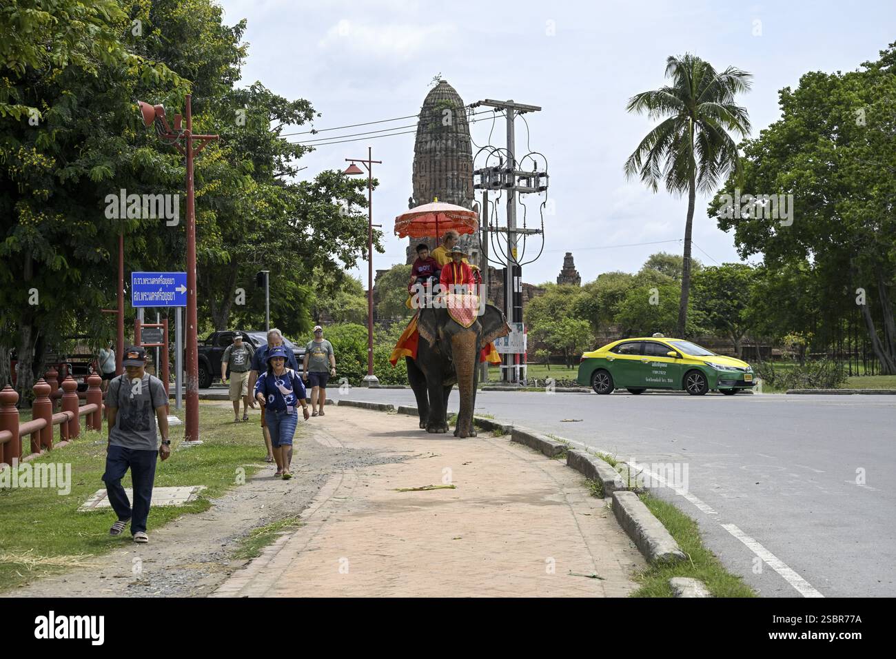 Touristen auf Elefantenreiten in der Nähe des Großen Palastes, alten Königspalast, Ayutthaya, Provinz Ayutthaya, Thailand, Asien Stockfoto