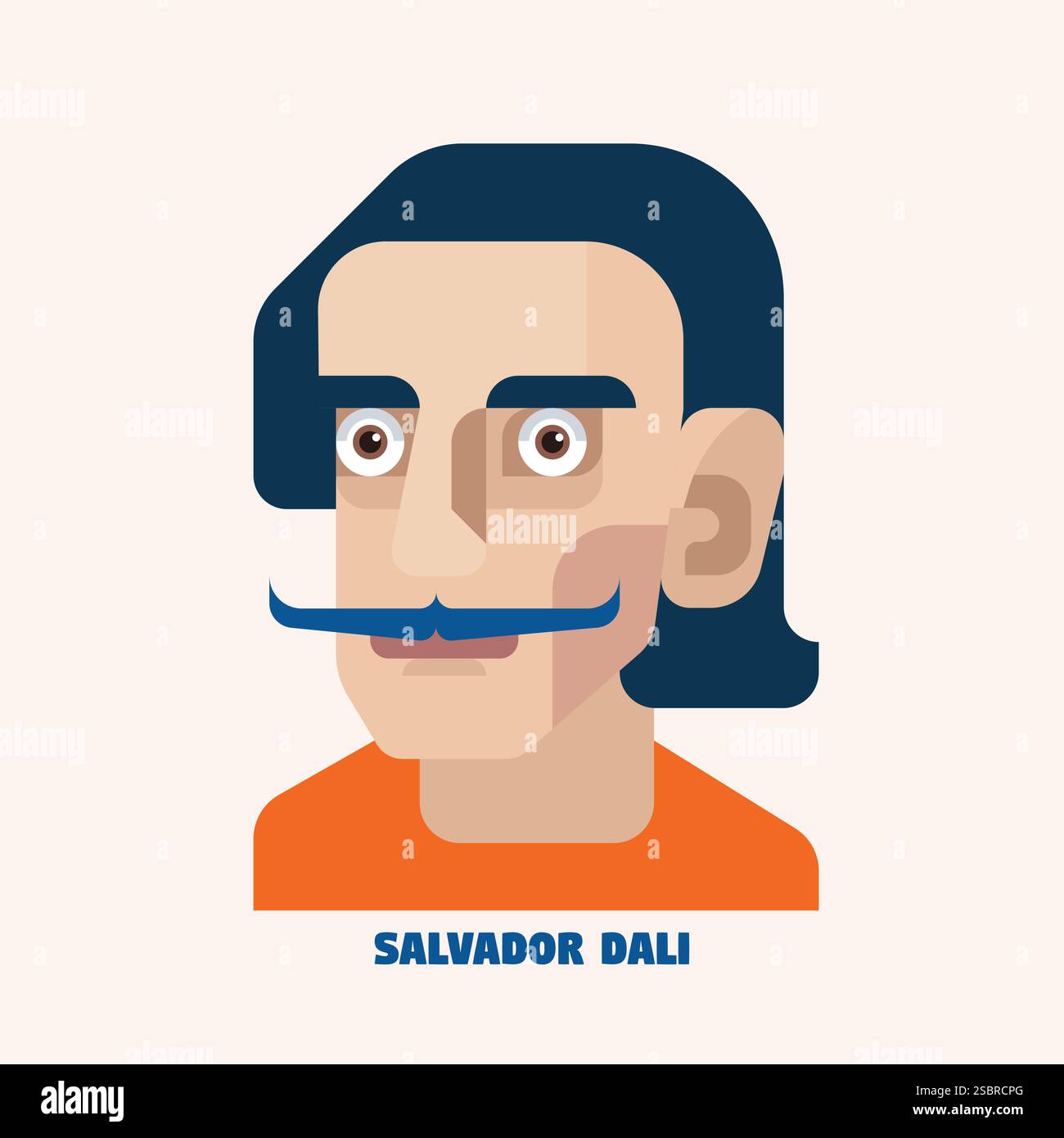 Minimalistisches Vektor-Flachporträt von Salvador Dali mit klaren Linien, geometrischen Formen und seinem legendären Schnurrbart. Ein surrealistischer Künstler, der für seine bekannt ist Stock Vektor