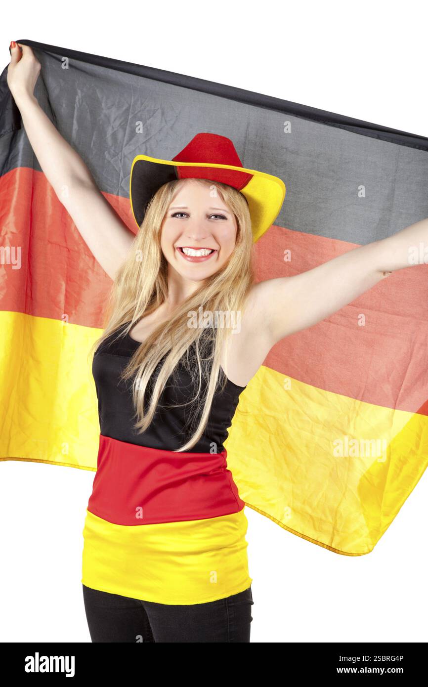Voll isoliert Porträt einer schönen deutschen Fußball-fan Stockfoto