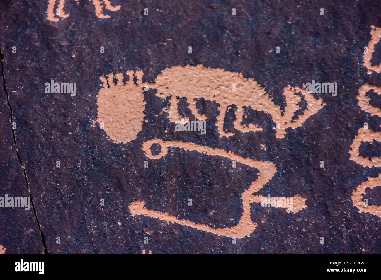 Eine Zeichnung eines Hirsches ist auf einem Felsen. Die Zeichnung ist schwarz-weiß. Es gibt auch andere Zeichnungen auf dem Felsen Stockfoto