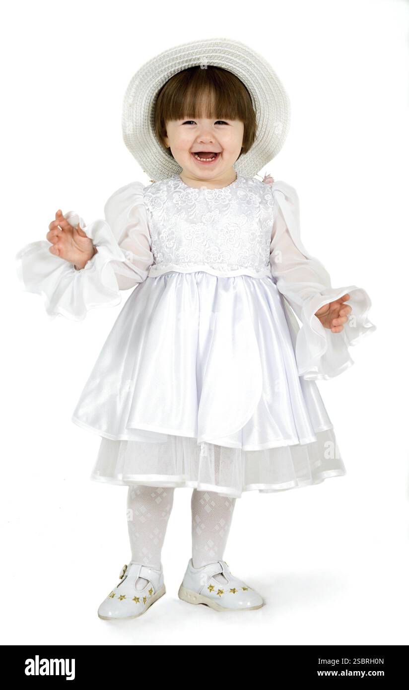 Schönheitsbaby mit Haube, isoliert auf weißem Hintergrund Stockfoto