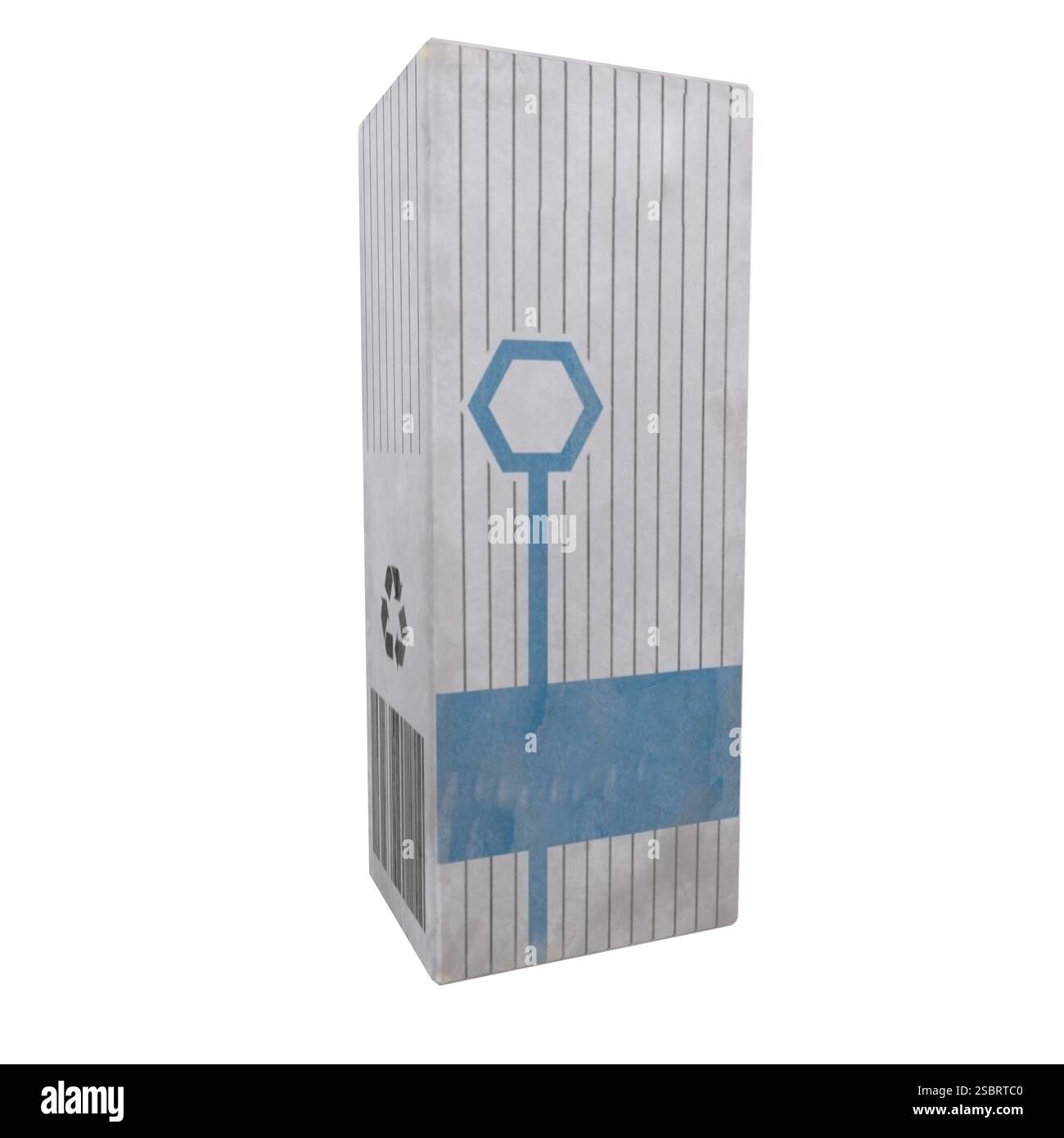 Ein hoher Behälter hat ein gestreiftes Muster und ein blaues geometrisches Symbol auf weißem Hintergrund. Stockfoto
