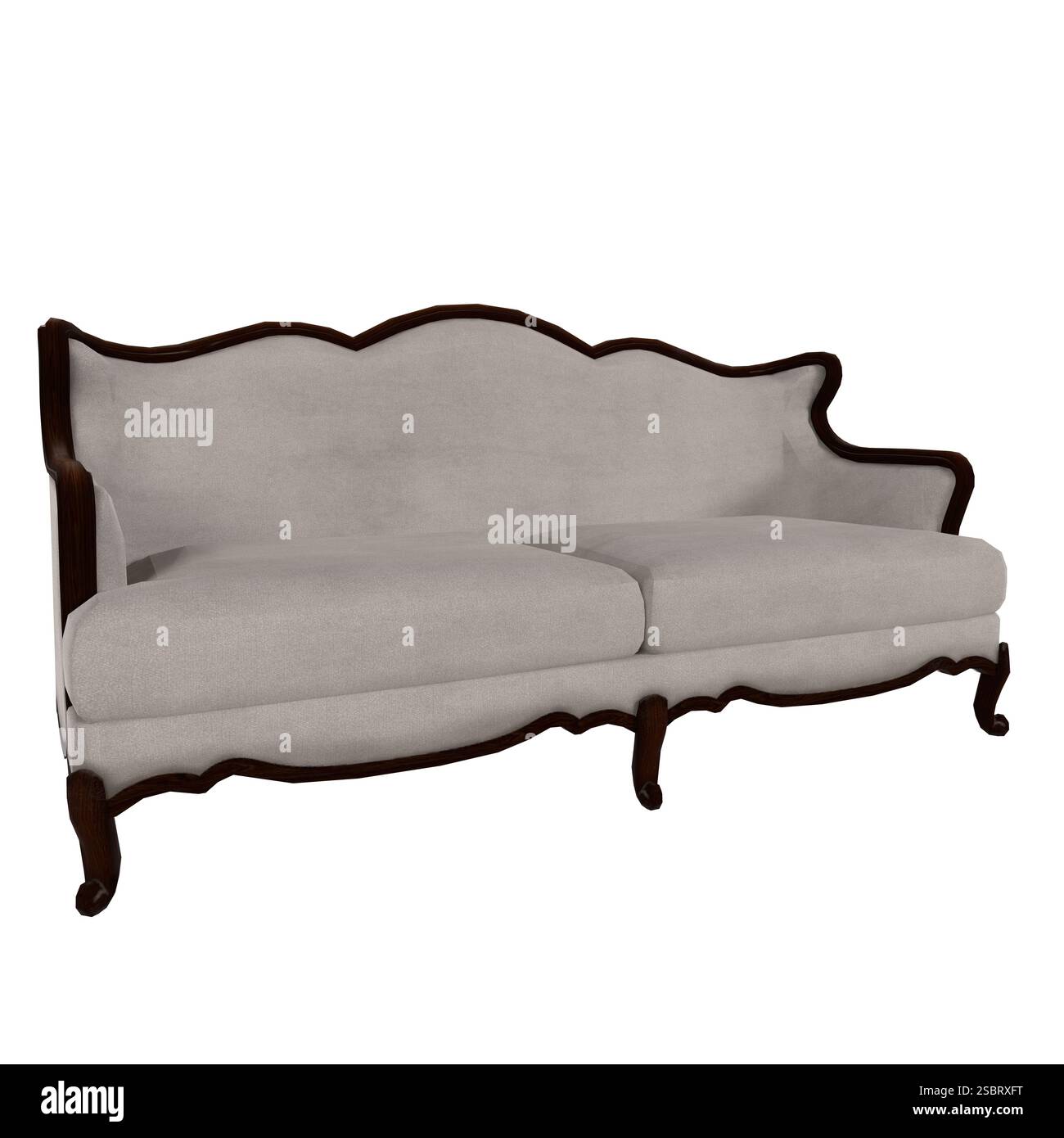 Stilvolles Vintage-Sofa in neutralen Farben mit geschwungenen Armen und Holzbeinen, perfekt für Wohnräume. Stockfoto