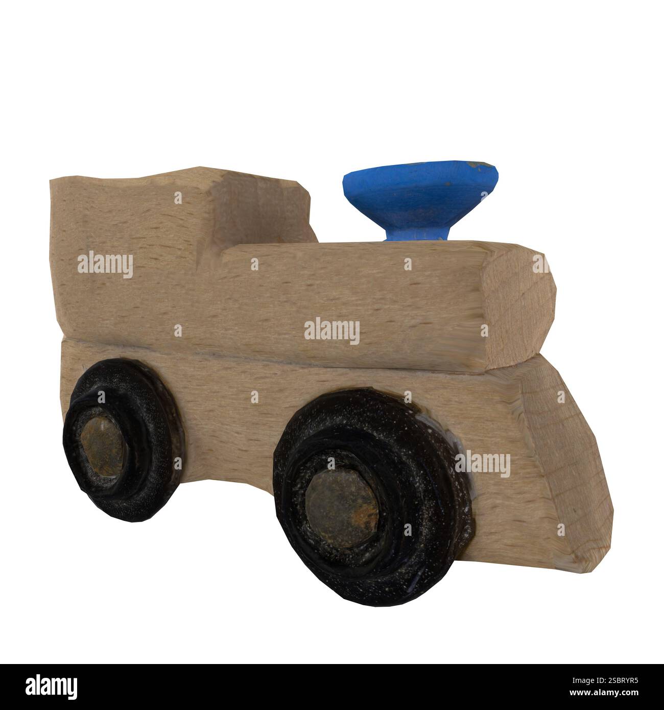 Ein handgefertigter Holzspielzeugwagen in Naturoptik mit blauer Oberseite, perfekt für fantasievolle Spiele. Stockfoto