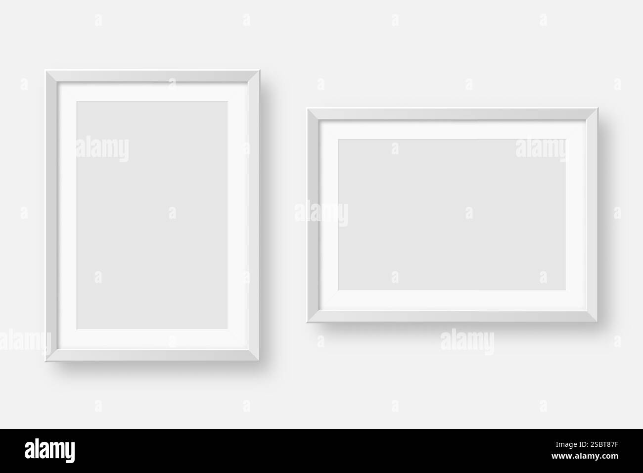 Realistische Sammlung von leeren weißen Bilderrahmen. Modernes Postermockup für Kunstwerke, Fotografien oder Werbung. Perfekt für Kunstgalerien und Innenräume Stock Vektor