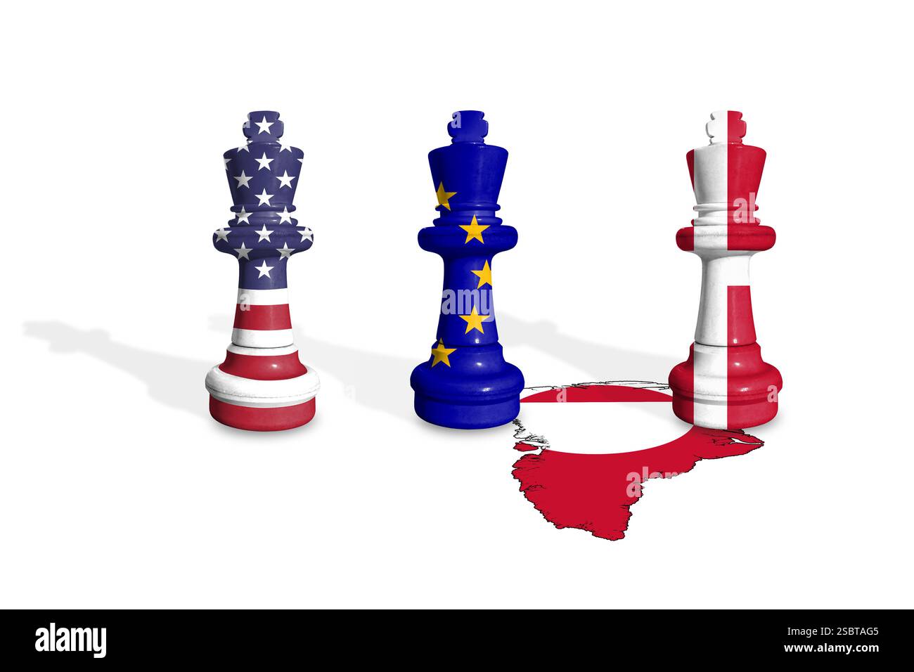 Schach aus USA, Dänemark und EU-Flaggen auf einer Grönlandkarte Stockfoto