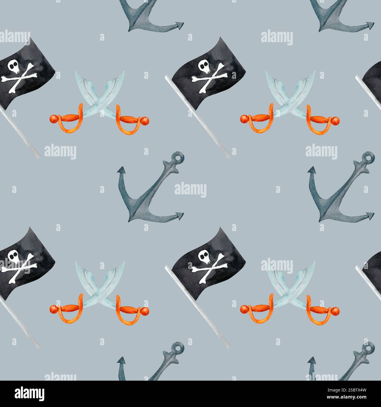 Gekreuzte Säbel, gepaart mit einem Anker und einem Jolly Roger, schaffen eine abenteuerliche und gewagte Ästhetik. Dieses Aquarellmuster passt zu Motto-Partys, Gi Stockfoto