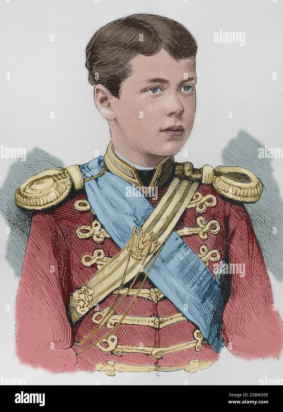 Nikolái Aleksándrovich Románov (1868-1918). Letzter Zar Russlands (1894–1917) als Nikolaus II. Wurde am 18. Mai 1884 volljährig. Hochformat. Gravur. Spätere Färbung. La Ilustración Española y Americana (die spanische und amerikanische Illustration), 1884. Stockfoto