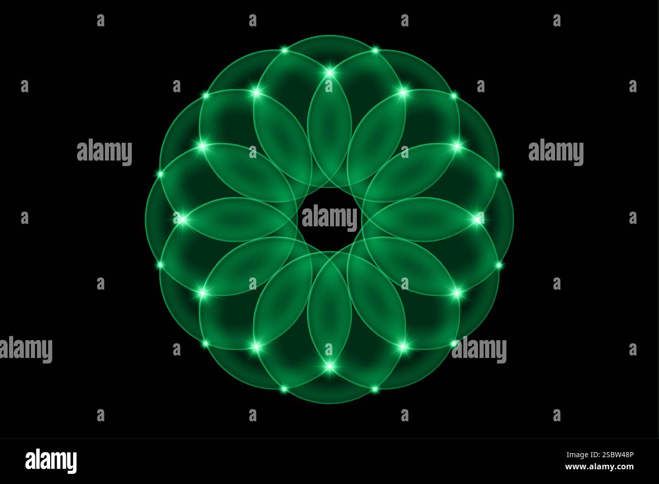 Mandala-Blume, heilige Geometrie grüner Lotus, indisches kreisförmiges Ornament, leuchtendes florales Logo. Blumenblüten Symbole für Yoga, Spa, Schönheitssalon Stock Vektor